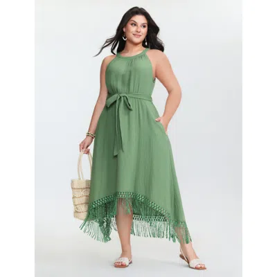 Bloomchic Women's Plus Size Cotton Waist-tie Fringe Hem Mini Dress Greenbean Non Knee Vacation 28/5x
