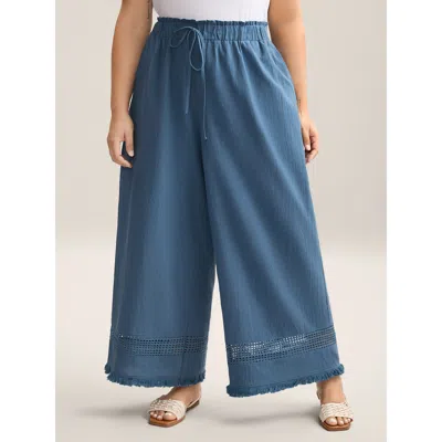 Bloomchic Women's Plus Size Cotton Waist-tie Lace Wide-leg Pants Cerulean Solid Wide Leg Mid Rise Vacation 10/ In Blue