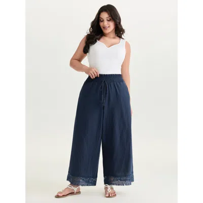 Bloomchic Women's Plus Size Cotton Wide Shirred Waistband Lace Hem Pants Indigo Solid Straight Fit Mid Rise Ca In Purple