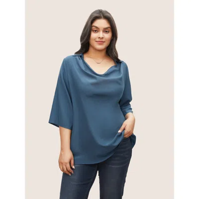 Bloomchic Women's Plus Size Cowl Neck Plain Bell Sleeve Blouse Aegean Non Office 3/4 Sleeve 14-16/1x In Blue
