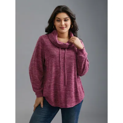 Bloomchic Women's Plus Size Cowl Neck Plain Heather Drawstring Sweatshirt Redviolet Everyday 12/l