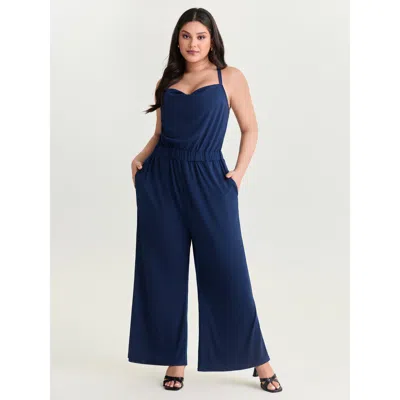 Bloomchic Women's Plus Size Cowl Neckline Crossover Straps Jumpsuit Indigo Elegant Fitted 12/l In Purple
