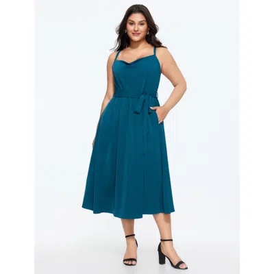 Bloomchic Women's Plus Size Cowl Neckline Waist-tie Midi Dress Mediumblue Solid Midi Office Non 14-16/1x