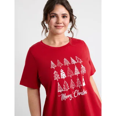 Bloomchic Women's Plus Size Cozy Christmas Print Round Neck T-shirt Brightred Solid Casual Short Sleeve Round 