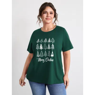 Bloomchic Women's Plus Size Cozy Christmas Print Round Neck T-shirt Darkgreen Solid Casual Short Sleeve Round  In Green