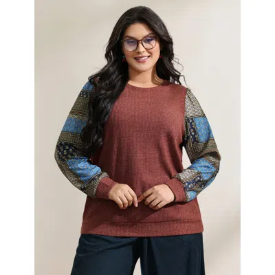 Bloomchic Women's Plus Size Cozy Collage Print Sleeve Contrast Sweatshirt Rust Casual 10/m In Brown