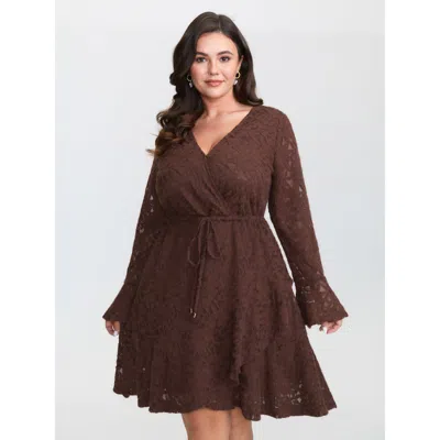 Bloomchic Women's Plus Size Cozy Days Lace Trim Waist-tie Midi Dress Browncoffeecolor Synthetic Texture Short 