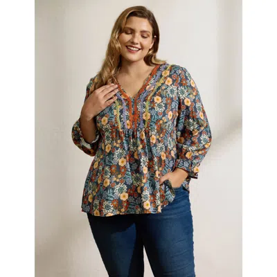 Bloomchic Women's Plus Size Cozy Floral Print Lace Trim Blouse Multicolor Floral Casual Three Quarter Length S