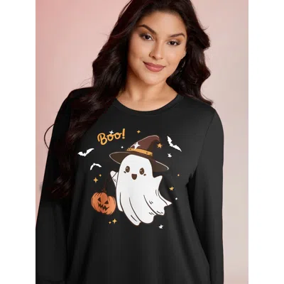 Bloomchic Women's Plus Size Cozy Hauntings Stretchy Hem Sweatshirt Black Graphic-halloween Casual 10/m