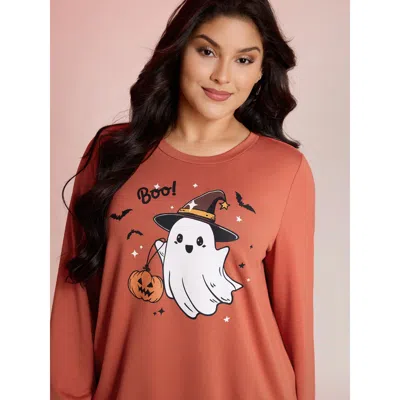 Bloomchic Women's Plus Size Cozy Hauntings Stretchy Hem Sweatshirt Brightorange Graphic-halloween Casual 12/l