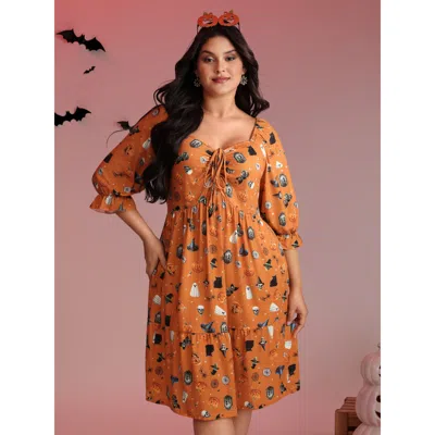 Bloomchic Women's Plus Size Cozy Hauntings Stretchy Waist Pockets Midi Dress Brightorange Figurative Print Kne