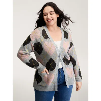 Bloomchic Women's Plus Size Cozy Hearts Jacquard Pattern Pockets Knit Cardigan Lightgray Long Sleeve 10/m In Gray