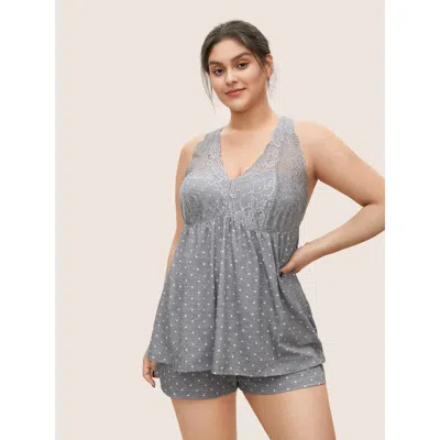Bloomchic Women's Plus Size Cozy Polka Dot Lace Patchwork V-neck Pajama Top Dimgray Polka Dot Sleeveless 12/l