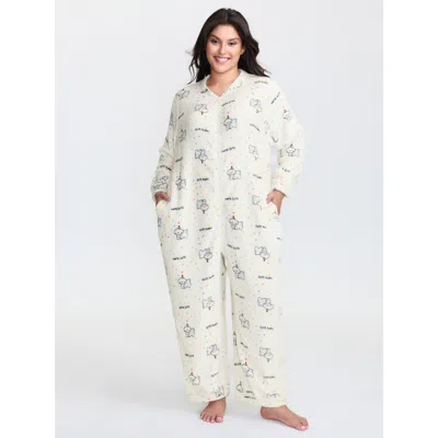 Bloomchic Women's Plus Size Cozy Puppy Print Zipper Front Lounge Jumpsuit Whitesmoke Maxi 12/l