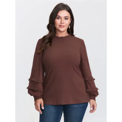 Bloomchic Women's Plus Size Cozy Ruffled Edge Tiered Sleeve Knit Top Yellowishbrown Long Sleeve Elegant Round 