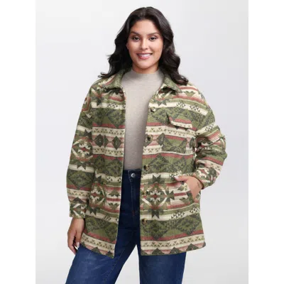 Bloomchic Women's Plus Size Cozy Striped Print Wool Blend Pockets Coat Armygreen Button H-line 10/m