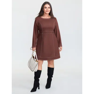 Bloomchic Women's Plus Size Cozy Velvety Feel Pockets Midi Dress Russet Non Short Office 28/5x In Brown