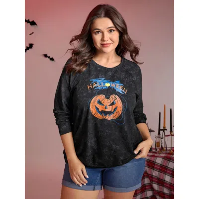 Bloomchic Women's Plus Size Creepy Pumpkin Motif Snowflake Effect Sweatshirt Black Halloween Casual 12/l