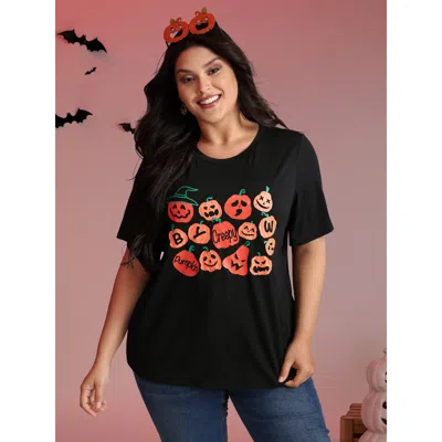 Bloomchic Women's Plus Size Creepy Pumpkins Stretchy Solid T-shirt Black Fruit And Vegetable Print Casual Shor