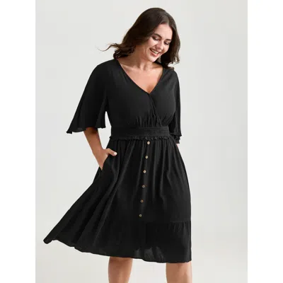 Bloomchic Women's Plus Size Crepe Shirred Ruffled Sleeve Mini Dress Black Non Knee Casual Gathered 30/6x