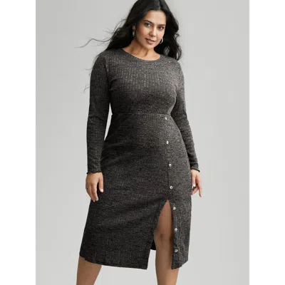 Bloomchic Women's Plus Size Crew Neck Button Detail Split Hem Dress Black Non Midi Casual Texture 30/6x