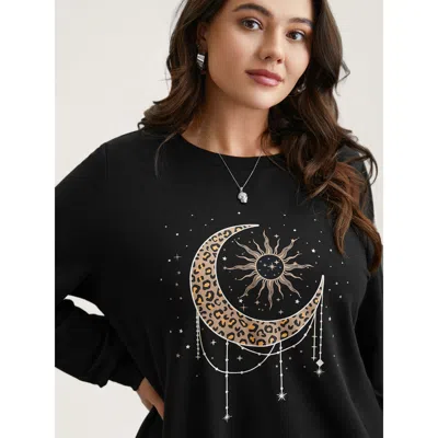 Bloomchic Women's Plus Size Crew Neck Celestial Print Stretch Sweatshirt Black Star And Moon Everyday 10/m