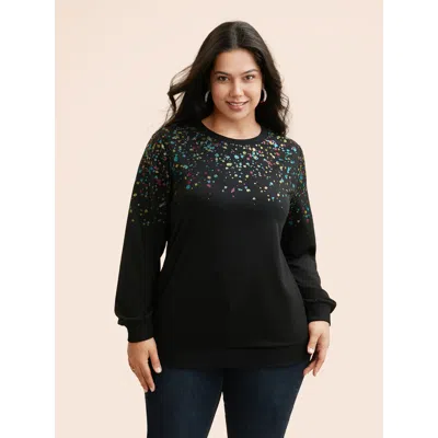 Bloomchic Women's Plus Size Crew Neck Color Glitter Sweatshirt Black Casual 14-16/1x