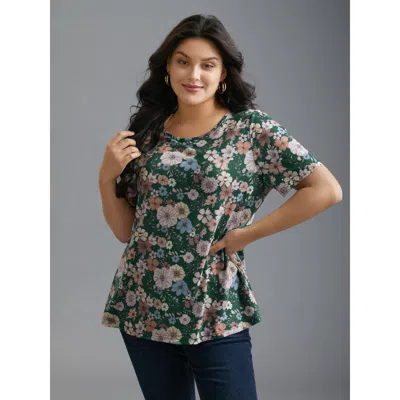 Bloomchic Women's Plus Size Crew Neck Floral Print Stretchy T-shirt Darkgreen Ditsy Floral Casual Short Sleeve In Green