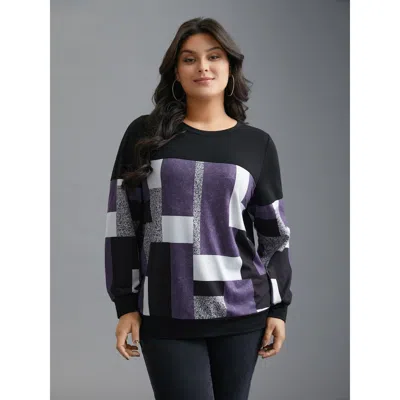 Bloomchic Women's Plus Size Crew Neck Geometric Patchwork Sweatshirt Deeppurple Everyday 22-24/3x