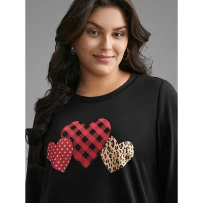 Bloomchic Women's Plus Size Crew Neck Heart Print Sweatshirt Black Everyday 10/m