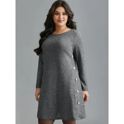 Bloomchic Women's Plus Size Crew Neck Heatherribbed Knit Dress Dimgray Casual Short Button 12/l