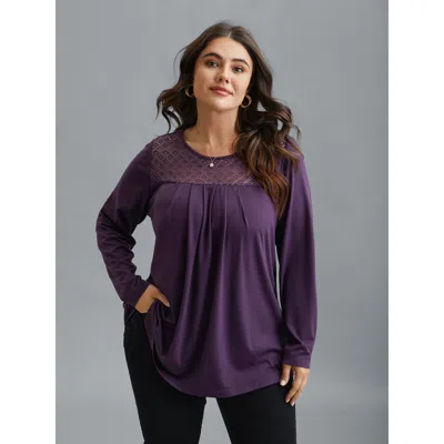 Bloomchic Women's Plus Size Crew Neck Lace Detail Pleated T-shirt Eggplant Non Everyday Extra Long Sleeve 12/l In Purple