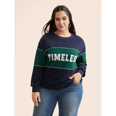 Bloomchic Women's Plus Size Crew Neck Letter Print Contrast Sweatshirt Navy Casual 12/l In Blue