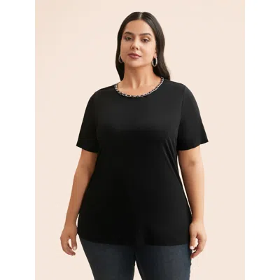 Bloomchic Women's Plus Size Crew Neck Metal Chain Detail T-shirt Black Non Everyday Short Sleeve 10/m