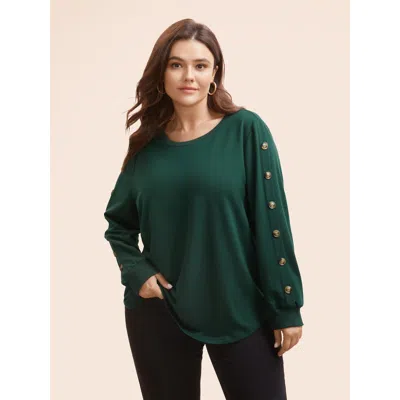 Bloomchic Women's Plus Size Crew Neck Patchwork Button Detail Sweatshirt Darkgreen Not Graphics Everyday Round In Green