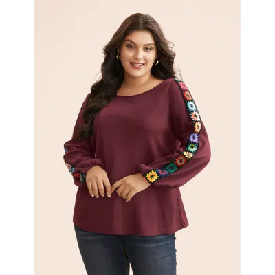 Bloomchic Women's Plus Size Crew Neck Patchwork Crochet Floral T-shirt Burgundy Non Everyday Extra Long Sleeve