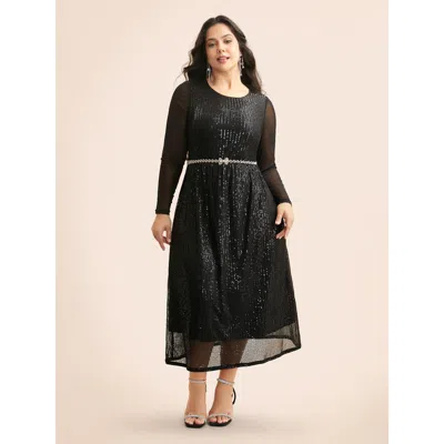 Bloomchic Women's Plus Size Crew Neck Patchwork Sequin Mesh Dress Black Party Midi Texture 18-20/2x