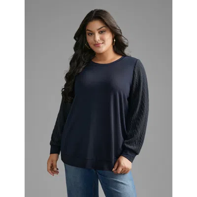 Bloomchic Women's Plus Size Crew Neck Plain Textured Patchwork Sweatshirt Midnight Everyday 12/l In Blue