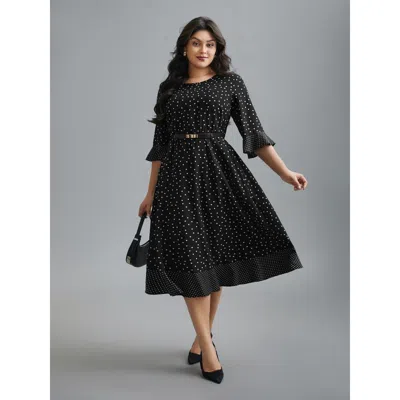 Bloomchic Women's Plus Size Crew Neck Polka Dot Waist Cinched Dress Black Polka Dots Midi Office Ruffles 18-20