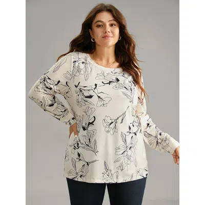 Bloomchic Women's Plus Size Crew Neck Silhouette Floral Print Basic T-shirt White Dailywear Long Sleeve 14-16/