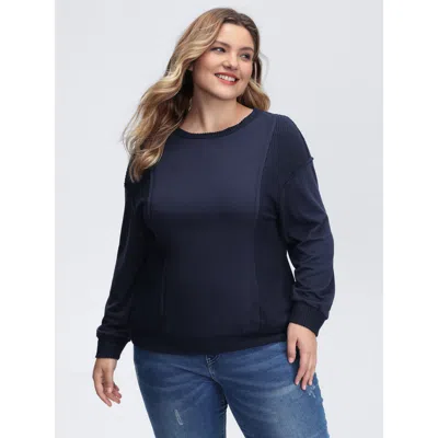 Bloomchic Women's Plus Size Crew Neck Textured Patchwork Sweatshirt Indigo Casual 10/m In Purple