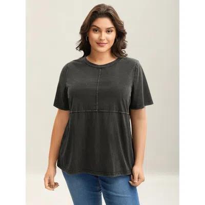 Bloomchic Women's Plus Size Crew Neck Vintage Plain T-shirt Black Non Casual Short Sleeve 10/m