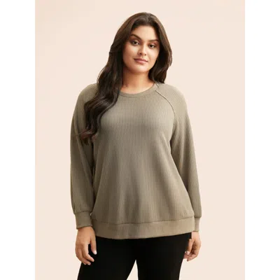 Bloomchic Women's Plus Size Crew Neck Zipper Detail Raglan Sleeve Sweatshirt Lightbrown Everyday 10/m In Brown