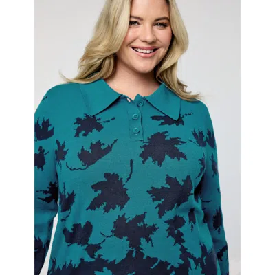 Bloomchic Women's Plus Size Crisp Fall Leaf Polo Neck Pullover Cerulean Long Sleeve 22-24/3x In Blue