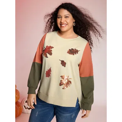 Bloomchic Women's Plus Size Crisp Leaf Print Sequin Embroidery Sweatshirt Beige Natural Flowers Casual 10/m In Sand