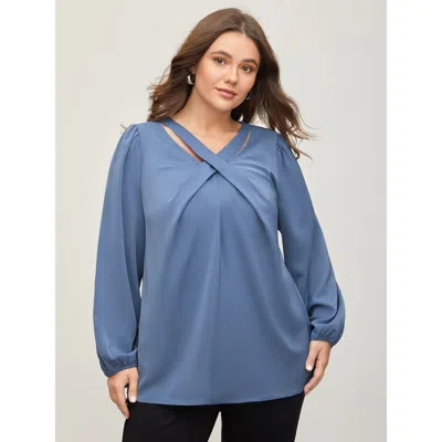 Bloomchic Women's Plus Size Criss Cross Neckline Puff Sleeve Gathered Blouse Stone Non Elegant Long Sleeve 10/ In Gray