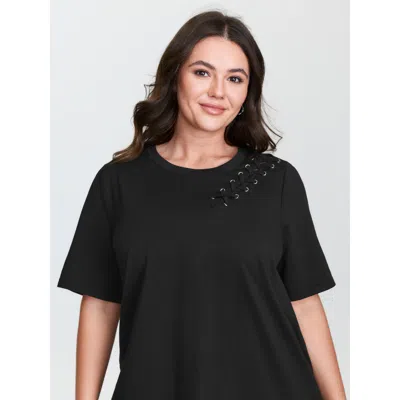 Bloomchic Women's Plus Size Crisscross Cut-out Plain T-shirt Black Solid Casual Short Sleeve Round Neck 10/m