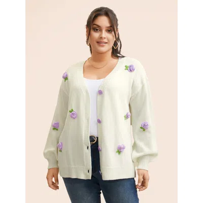 Bloomchic Women's Plus Size Crochet Floral Contrast Button Up Cardigan Ivory Long Sleeve 14-16/1x In White