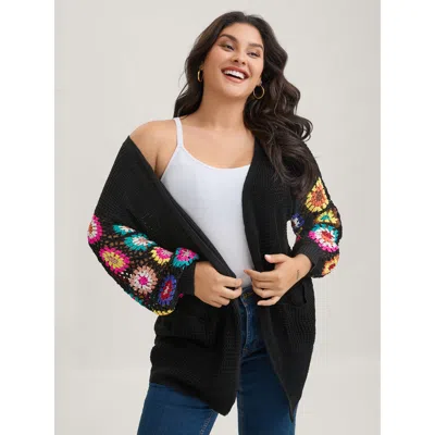 Bloomchic Women's Plus Size Crochet Floral Drop Shoulder Cut Out Cardigan Black Long Sleeve V-neck 12/l