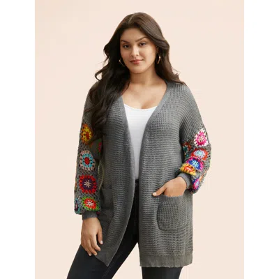 Bloomchic Women's Plus Size Crochet Floral Drop Shoulder Cut Out Cardigan Darkgray Long Sleeve V-neck 12/l In Gray